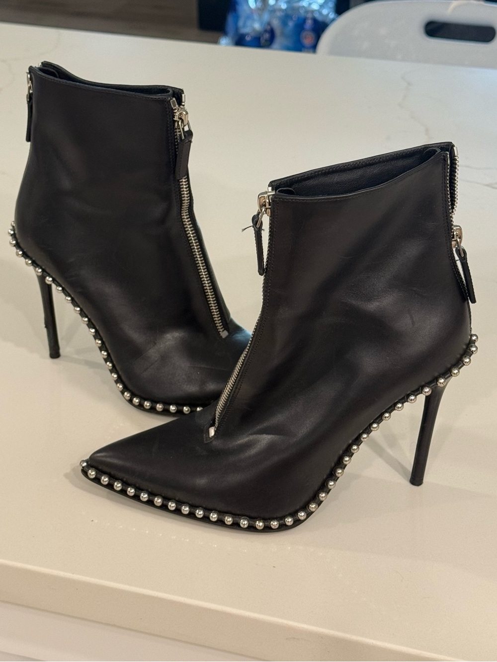 Alexander Wang Eri Women's Black Leather Pointed-Toe Ankle Boots - Silver Stud